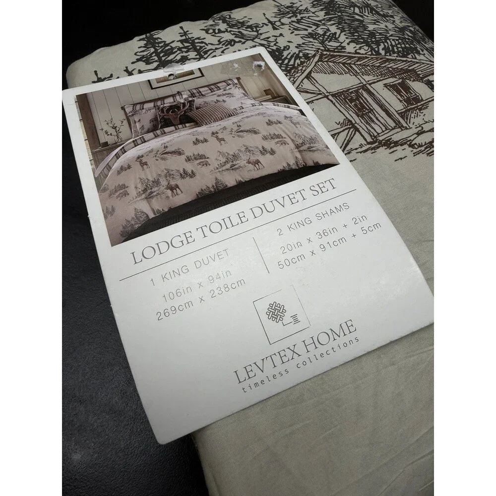 Levtex Home Lodge Toile Duvet Cover + 2 King Shams New